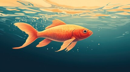 Naklejka premium Orange goldfish swimming underwater, sunlit surface.