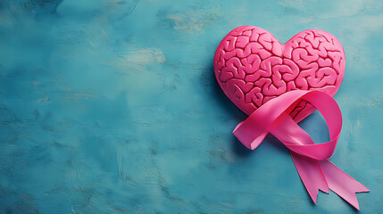 Pink Brain Heart with Ribbon: A pink heart-shaped brain model adorned with a pink ribbon rests on a teal background, symbolizing brain health awareness and support.