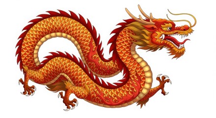 Obraz premium Red and Gold Chinese Dragon Illustration Isolated on White