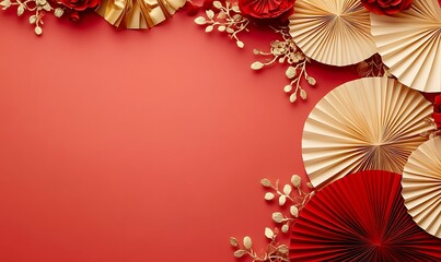 Decorative arrangement of red paper fans and cherry blossoms on a textured background
