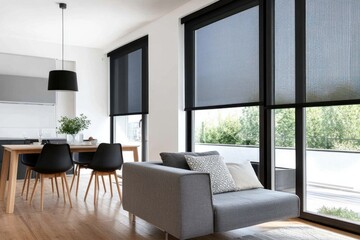 Modern living room with blackout roller blinds, grey sofa, and dining area.