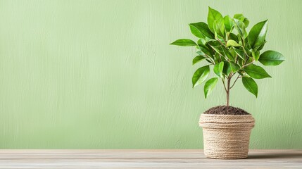 Green indoor plant in natural container on wooden table against textured light green background