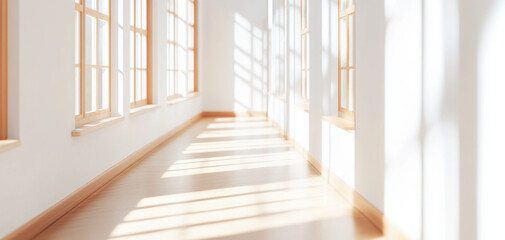 Obraz premium Bright school corridor with sunlight streaming through large windows, creating warm and inviting atmosphere