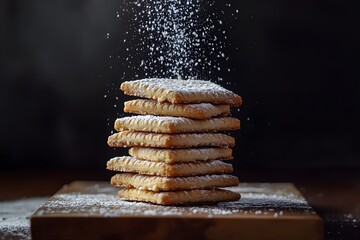 Fig newton cookies on a wooden board dusting of powdered sugar.