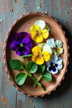delicate pansy flowers on a wooden decorative wall plate, colorful, rustic, pansey
