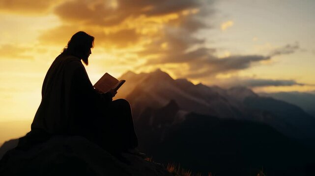 Silhouette of jesus preaching at sunset on a mountain, embodying gospel teachings and enlightenment