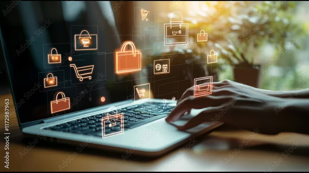 Poster hands typing on laptop keyboard with online shopping and e commerce icons floating above, representi