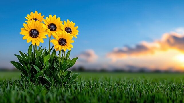A photostock of vibrant wildflowers blooming across a colorful meadow at sunset, symbolizing natural beauty, peace, and lifeâ€™s vibrancy. High Quality