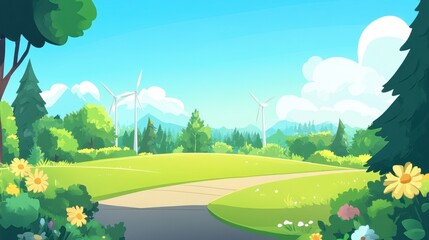 Obraz premium A picturesque wind farm with turbines spinning under a clear blue sky, symbolizing green energy adoption.