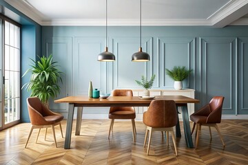 Fototapeta premium Minimalist Modern Dining Room: Empty White Wall, Leather Chair, Wood Desk - 3D Render