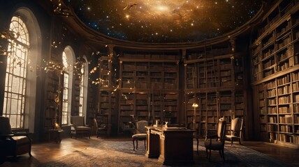 Obraz premium a grand magical library with towering bookshe