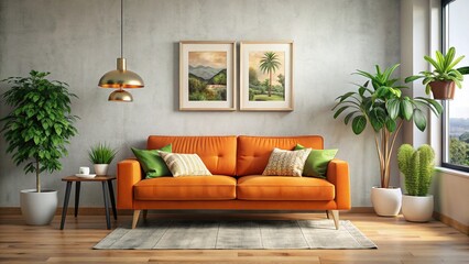 Minimalist Living Room: Orange Sofa, Euro Banknotes Art, Cozy Plants