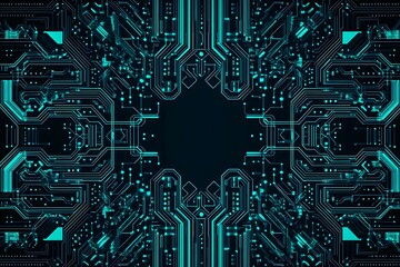 Abstract close-up of a glowing blue digital circuit board, showcasing intricate connections and technological design on a black background.
