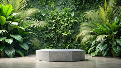 Obraz premium Minimalist Product Display: Stone Podium with Tropical Greenery Background