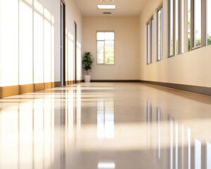 Obraz premium polished school corridor with bright light reflecting off floor creates serene atmosphere