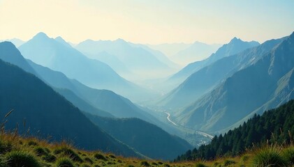 Fototapeta premium Misty mountains in the background of a vast valley, , tranquility