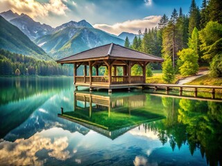 Naklejka premium Mountain Lake Pavilion Serenity: Tranquil Lakeside Retreat
