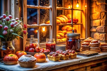 Night Bakery Window Display: Sweet Pastries, Puff Pastry, Baked Apples & Jams