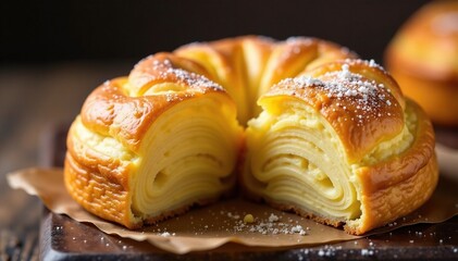 Flaky layers unfolding from golden brown pastry, pastry, pastry item