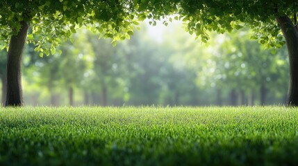 Obraz premium Green lawn and trees background with copyspace. Nature background concept.