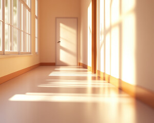 Obraz premium serene school corridor at sunset, illuminated by warm hues and soft shadows