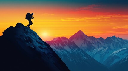 Silhouetted hiker on mountain peak at sunset.