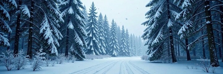 Fototapeta premium Forest landscape with tall coniferous trees and heavy falling snowflakes, dense, grandeur