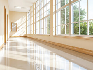 Obraz premium Bright sunlit corridor with large windows, smooth tile flooring, and serene atmosphere