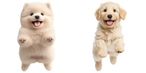 Fluffy cream colored puppies mid jump, showcasing their playful energy