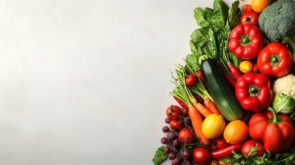 Fresh Colorful Assortment of Organic Vegetables and Fruits on a Light Background for Healthy Eating Concepts