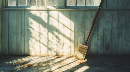 Broom leaning against white wooden wall with sunlight streaming through window.