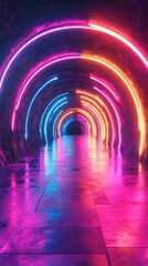 Mesmerizing and futuristic architectural design featuring a luminous neon lit hallway with a reflective water surface and surreal kaleidoscopic spatial geometry  The vivid