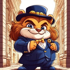 Naklejka premium A cartoon lion in a suit and top hat stands confidently in a city street.