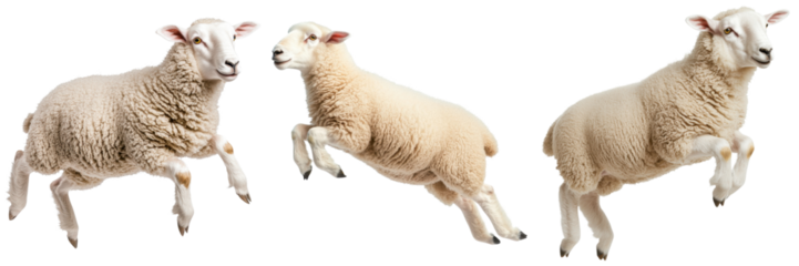 Jumping sheep with fluffy white wool display joyful energy and playfulness
