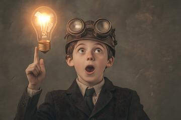 A surprised boy in vintage attire with goggles, inspired by a glowing light bulb idea.