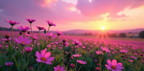 Obraz premium Soft pink and purple hues fade with a vast expanse of blooming wildflowers in the background, fields, wildflowers, sunset