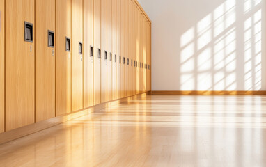 Obraz premium Warm toned school corridor with natural wooden lockers and sunlight casting shadows