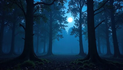 Moonlit trees casting eerie glow in forest depths, glow, atmosphere, eerie