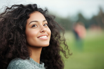 Naklejka premium Outdoor Portrait of a Smiling Woman with Curly Hair: Natural Beauty in Soft Ambient Lighting and Lush Green Background