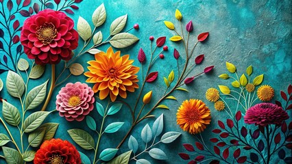 Silhouette Floral Design: Vibrant Petals & Leaves on Soft Blue, Modern Decorative Art