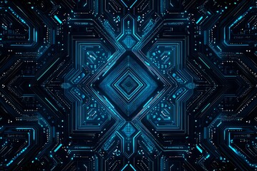Abstract close-up of a glowing blue digital circuit board, showcasing intricate connections and technological design on a black background.
