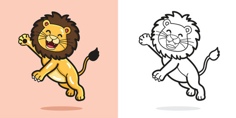 Cute Lion cartoon jumping good for design element or coloring book element