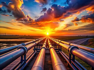 Silhouette of Gas and Water Pipelines at Sunset, Energy Infrastructure, Industrial Transportation