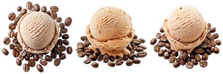 Creamy coffee flavored ice cream scoops surrounded by coffee beans