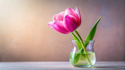 Fototapeta premium Single Pink Tulip in Glass Vase - Elegant Spring Floral Still Life