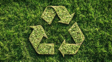 green recycling symbol on garden lawn background with copy space