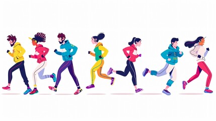 Diverse Group of Running Athletes in Team Action, Professional Sports Illustration