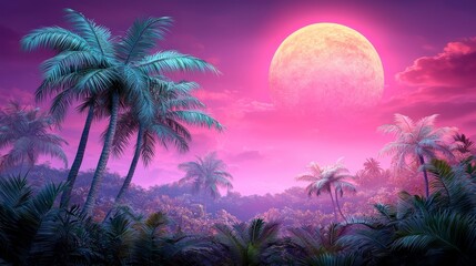 Enchanted Tropical Landscape with Lush Palms and Glowing Moonlight at Dusk