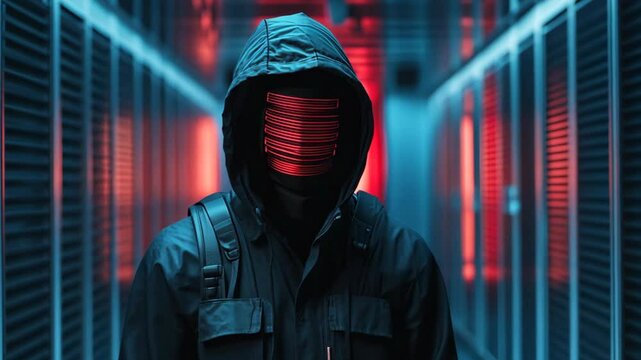 futuristic cop or cyber space law enforcement professional in futuristic black suit and helmet walking along the passageway with neon light glow,