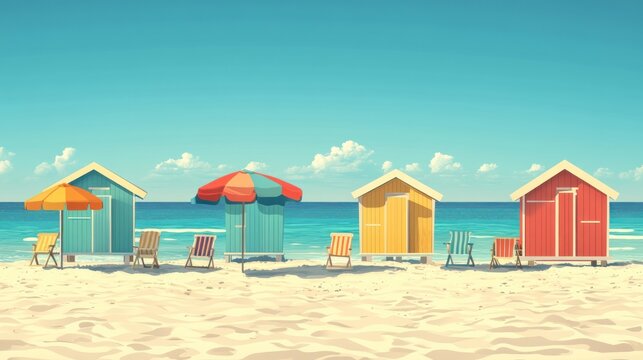 Colorful beach huts and umbrellas on a sunny beach.